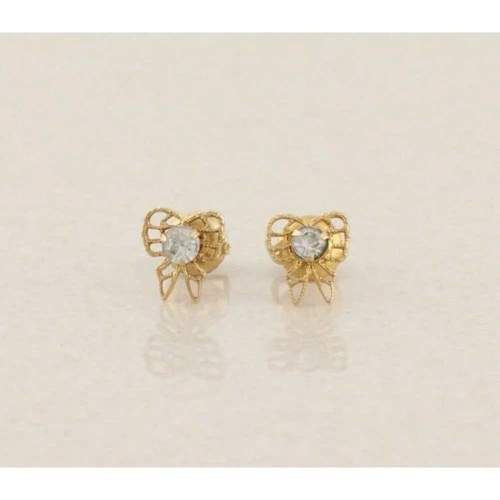 10k Yellow Gold Cubic Zirconia Bow Earrings Stud Post Screw Back Adult or Child